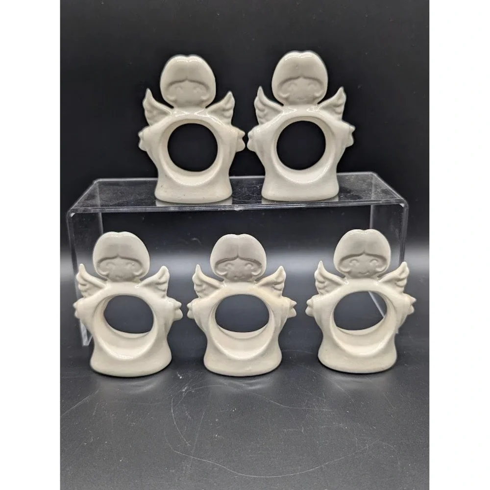 5 Set Vintage Hand Painted Ceramic Angel Napkin Ring Holder Glossy Christmas 80s